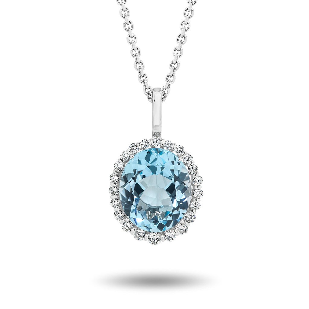 Blue Topaz &#038; Diamond Oval Halo Pendant