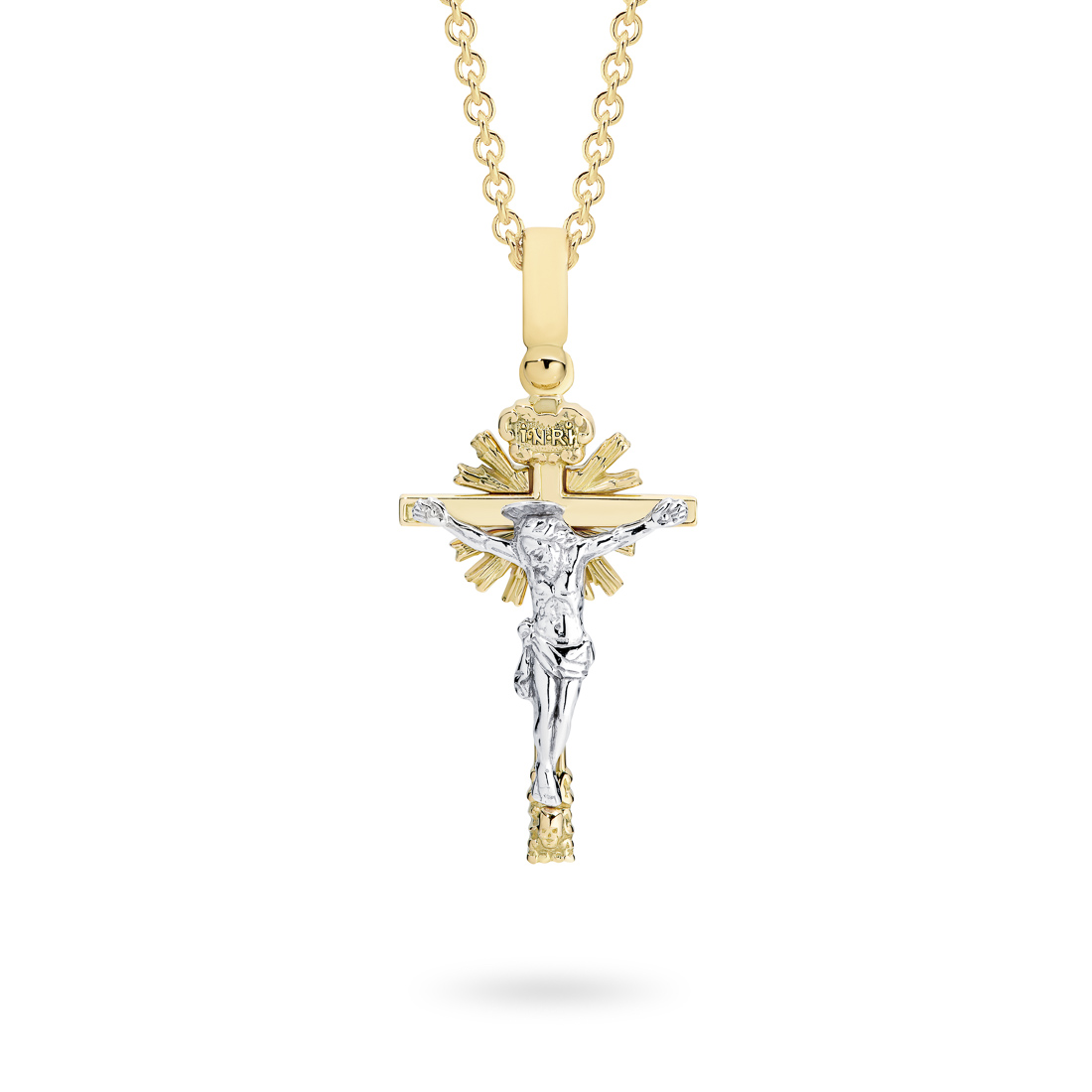 18K Yellow &#038; White Gold Shinning Star Crucifix Pendant