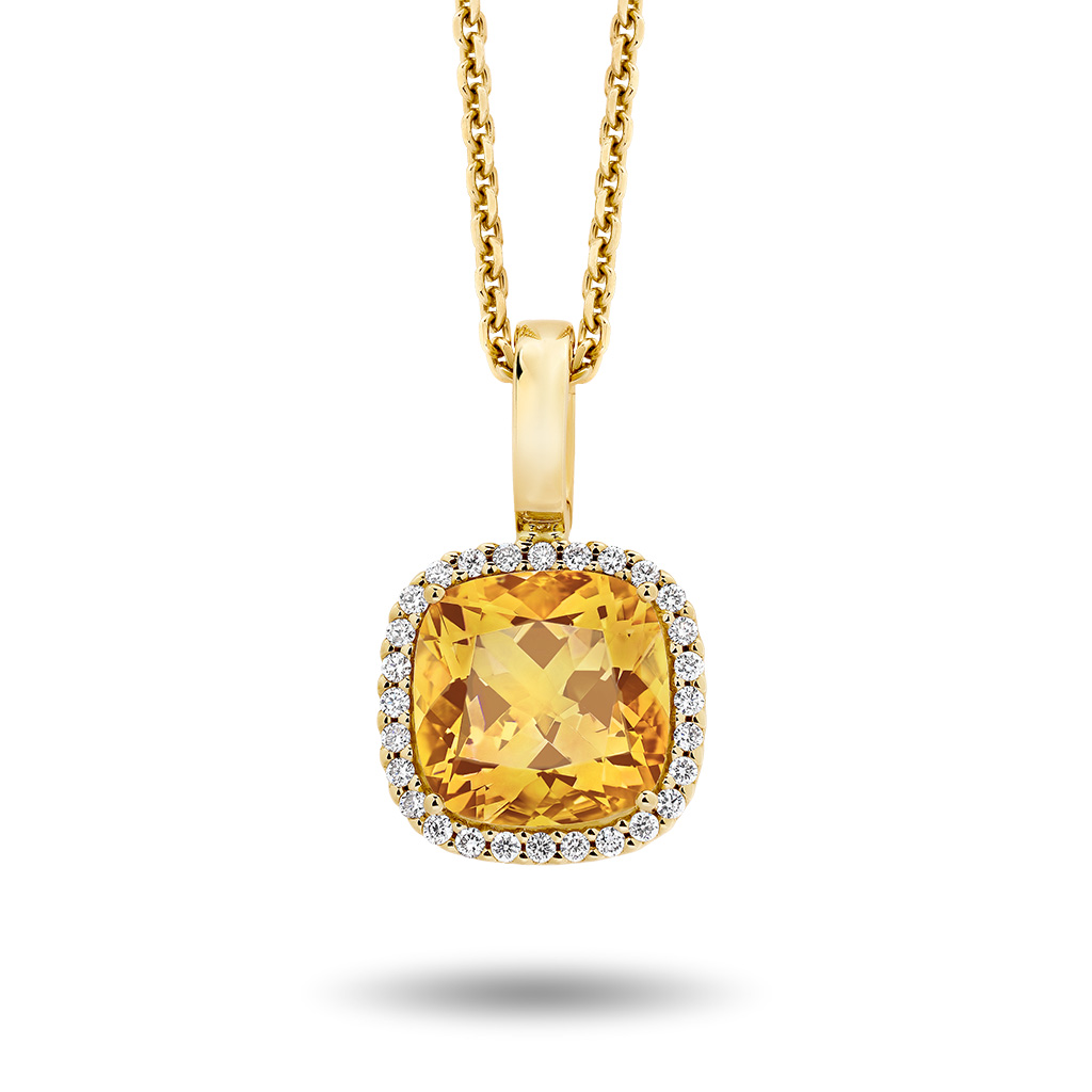 Citrine &#038; Diamond Cushion Halo Pendant in Yellow Gold