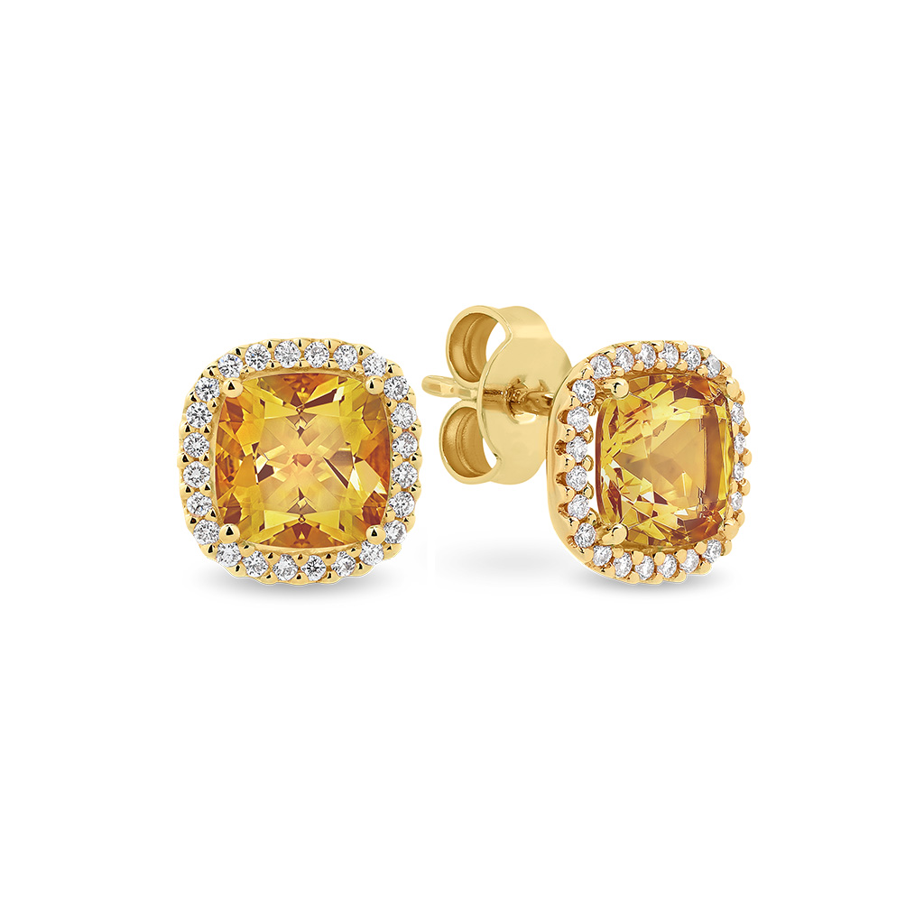 Citrine &#038; Diamond Cushion Halo Stud Earrings