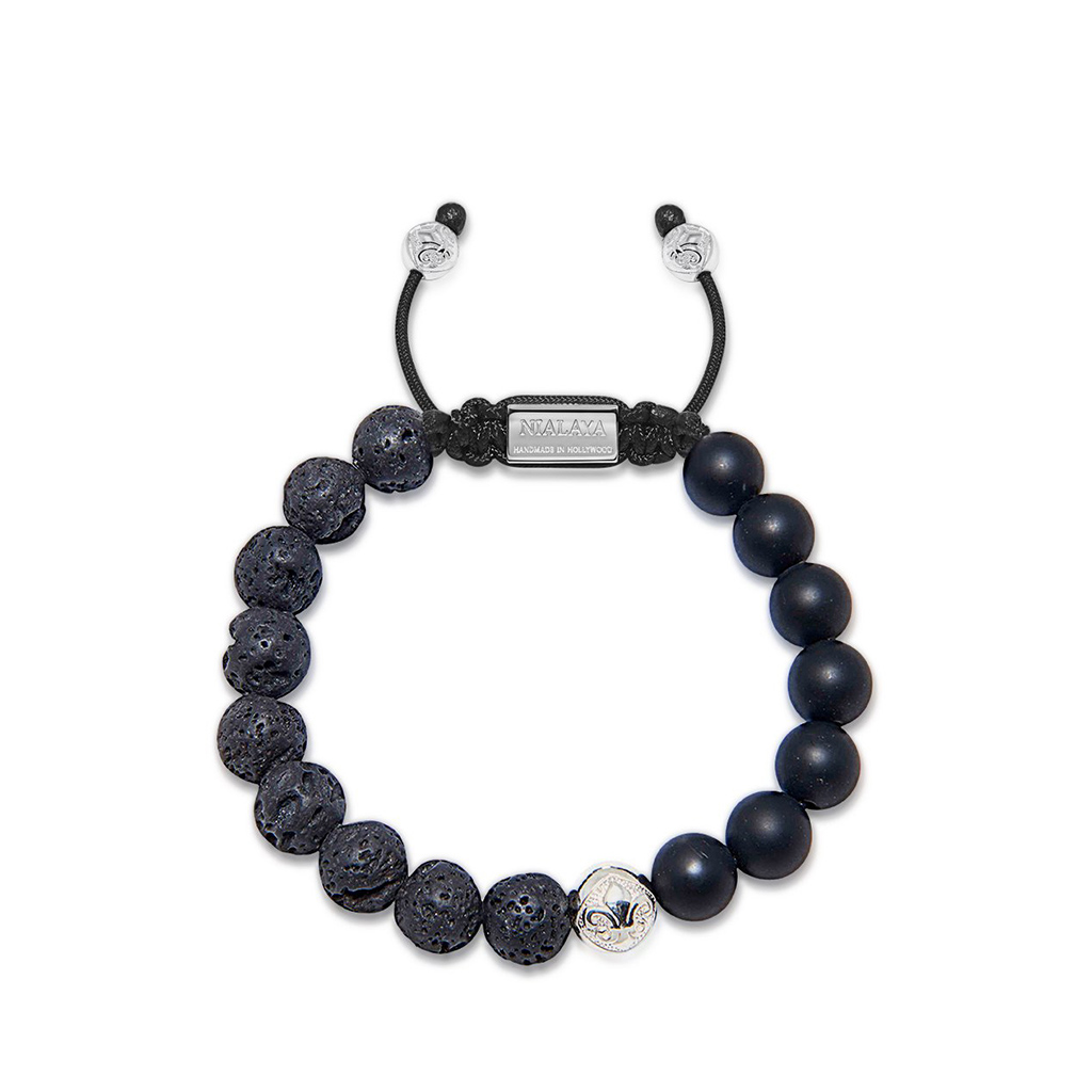 Nialaya Men&#8217;s Beaded Bracelet with Matte Onyx and Lava Stone