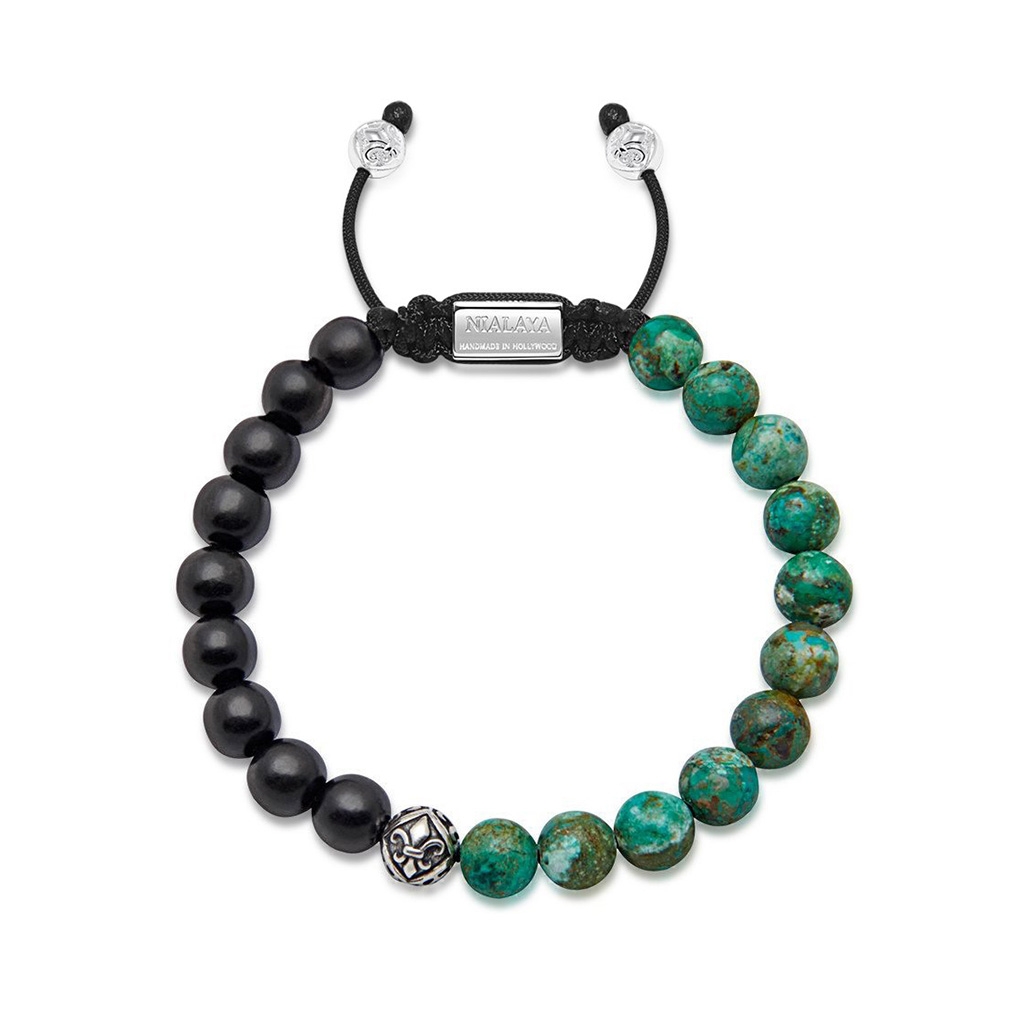 Nialaya Men’s Beaded Bracelet with Ebony, Bali Turquoise and Indian Silver