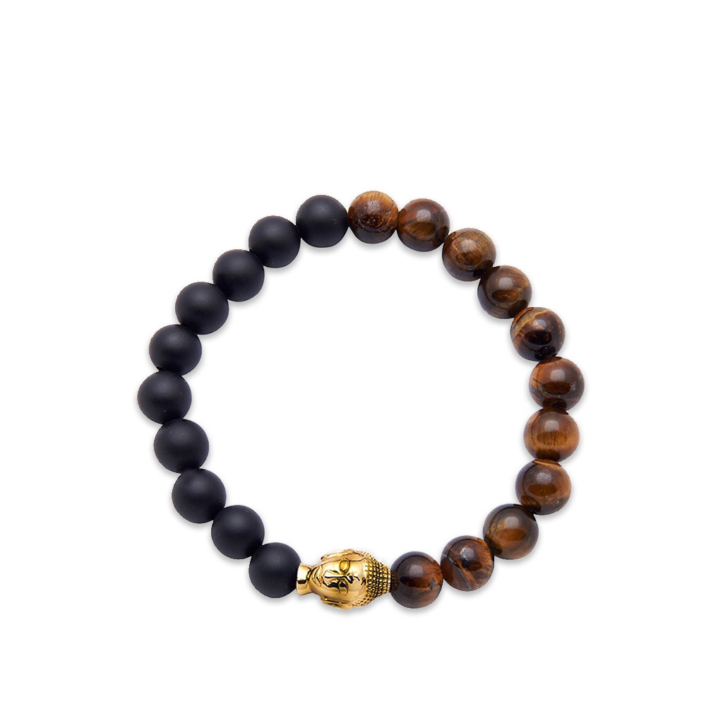 Nialaya Men&#8217;s Wristband with Tiger Eye, Matte Onyx and Gold Plated Buddha