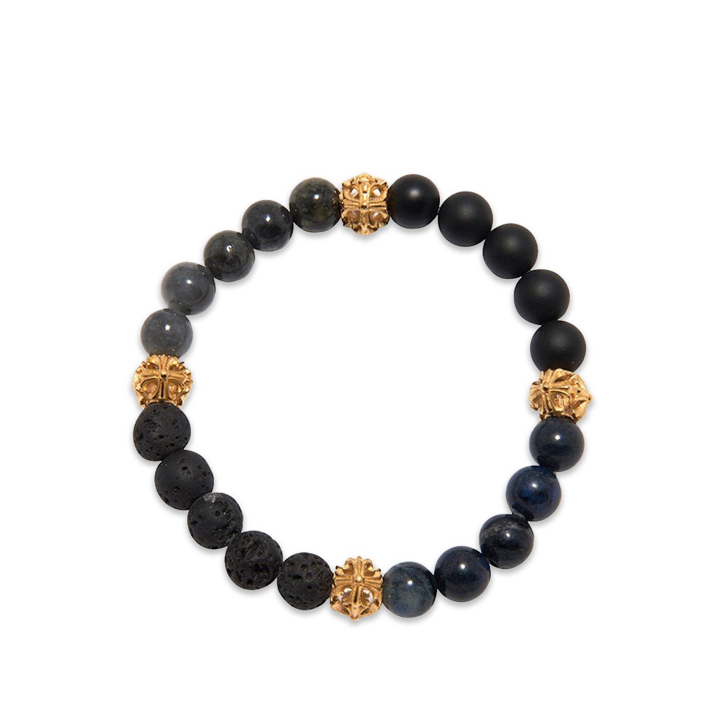 Nialaya Men&#8217;s Wristband With Matte Onyx, Blue Tiger Eye, Labradorite and Lava Stone