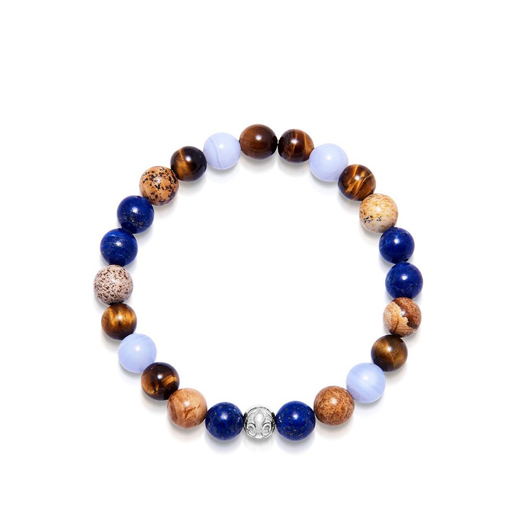 Nialaya Men&#8217;s Wristband with Aquamarine, Blue Lapis and Jasper