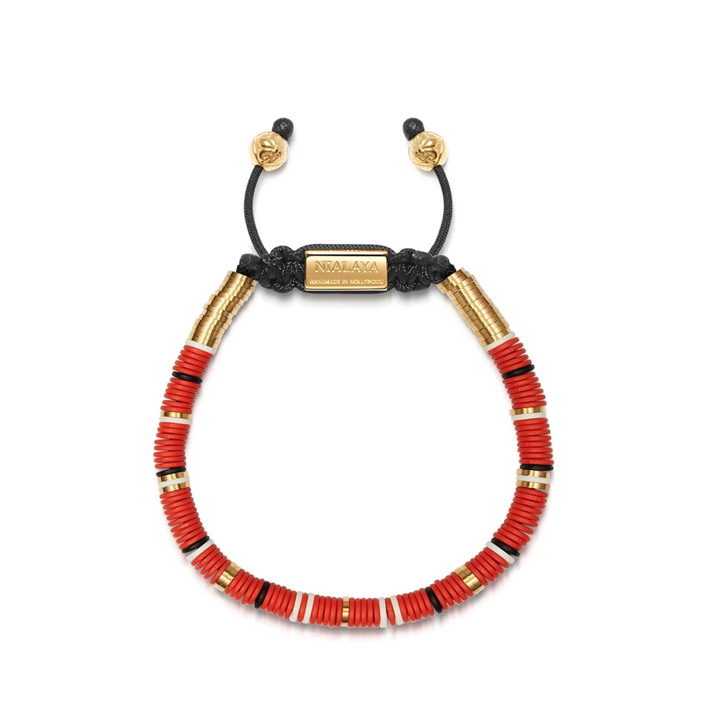 Nialaya Men&#8217;s Beaded Bracelet with Red, White and Gold Disc Beads