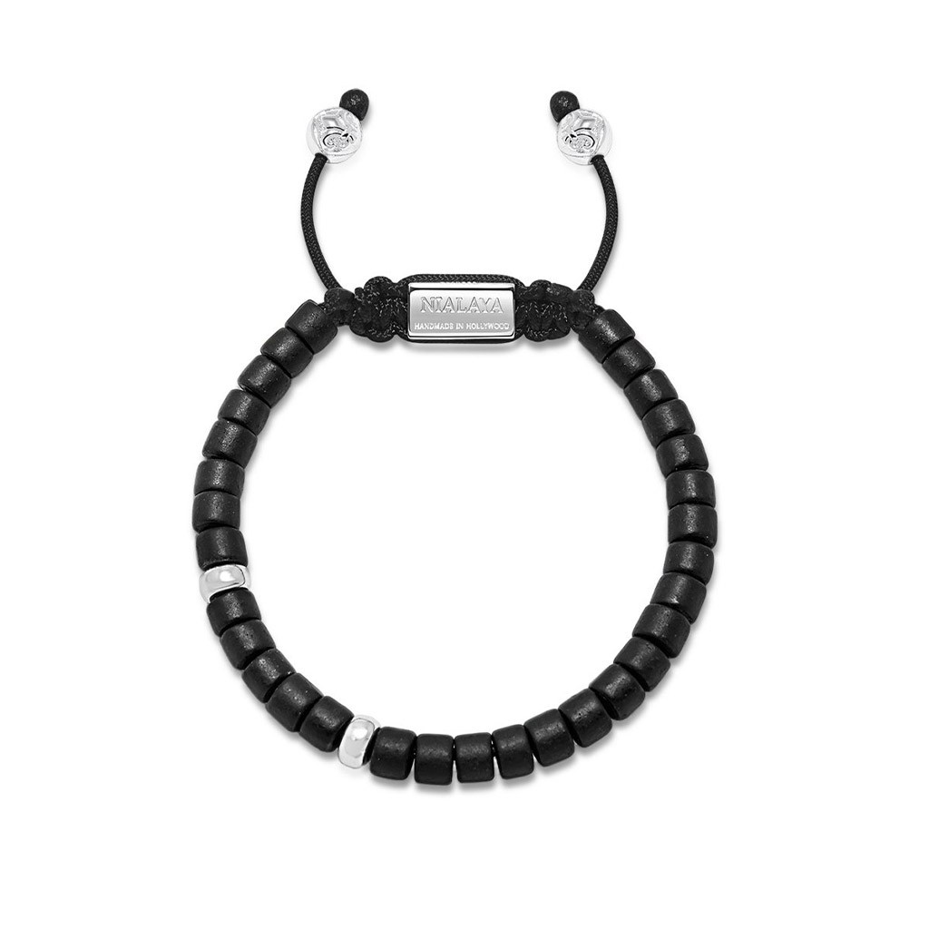 Nialaya Men&#8217;s Beaded Bracelet with Black Ceramic and Sterling Silver Beads
