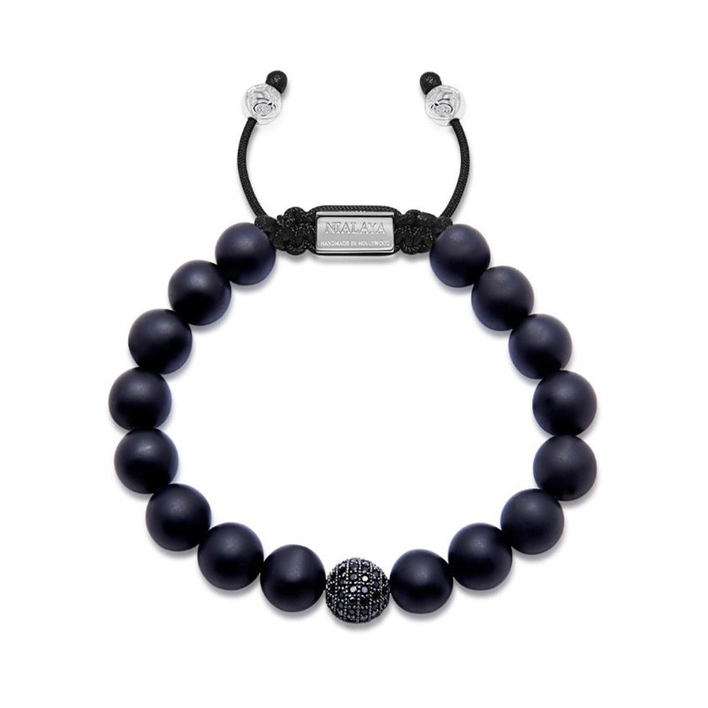 Nialaya Men&#8217;s Beaded Bracelet with Matte Onyx and Black CZ