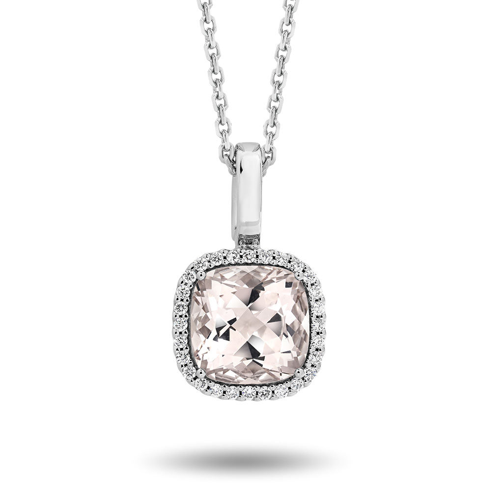 Morganite &#038; Diamond Cushion Halo Pendant