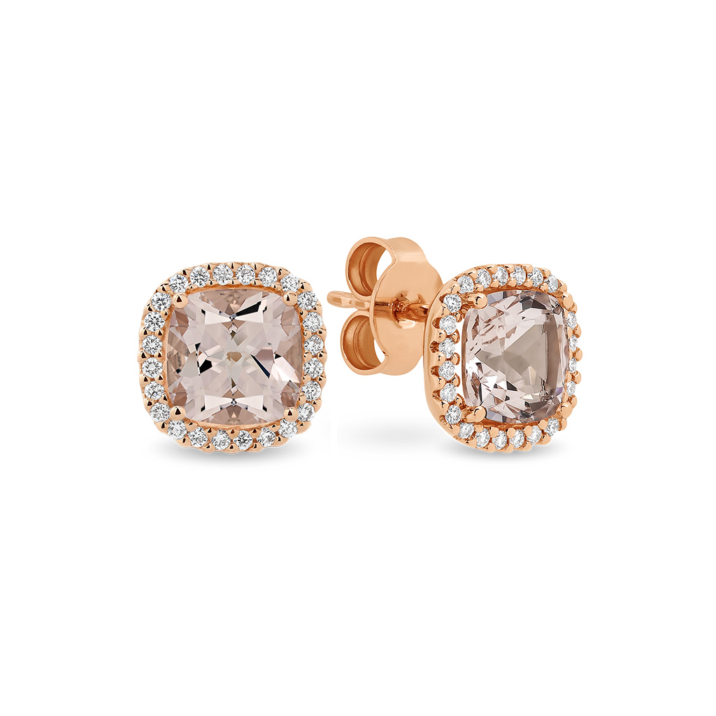 Morganite &#038; Diamond Cushion Halo Stud Earring