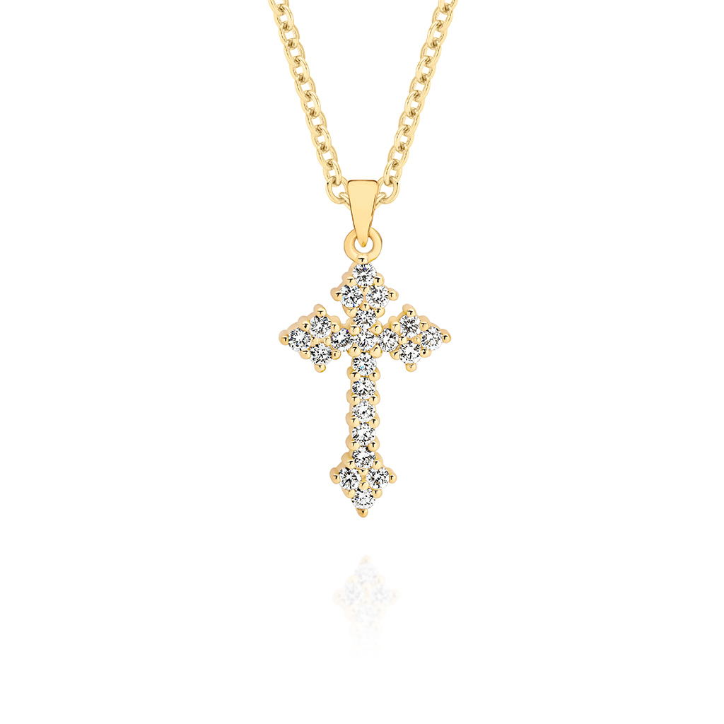 18K Yellow Gold Claw Diamond Cluster Cross Pendant