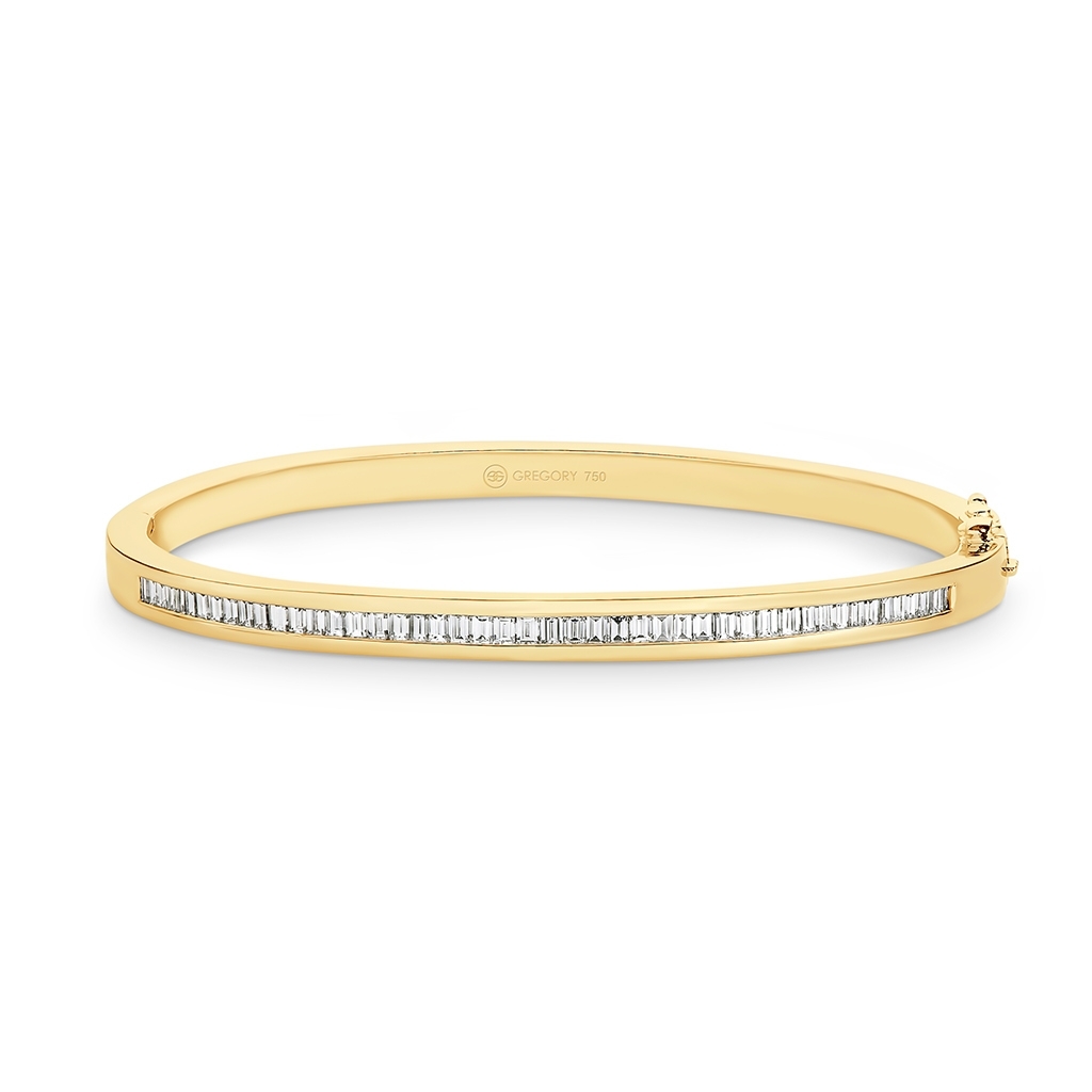 Baguette Cut Channel Set Diamond Bangle Yellow Gold