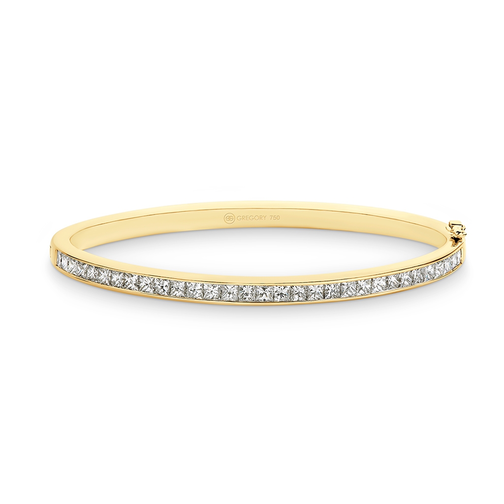 Princess Cut Channel Set Diamond Bangle Yellow Gold