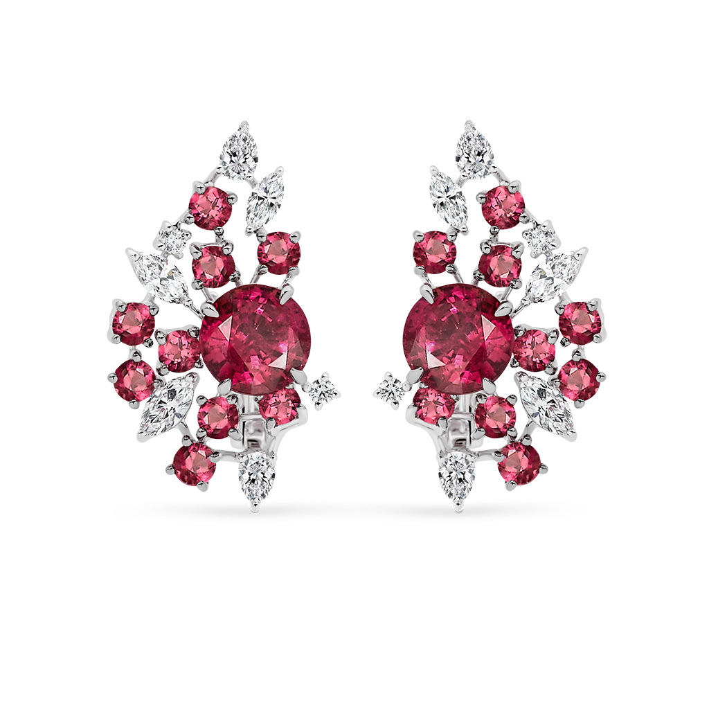 Rubellite and Diamond Round and Marquise Cocktail Earrings