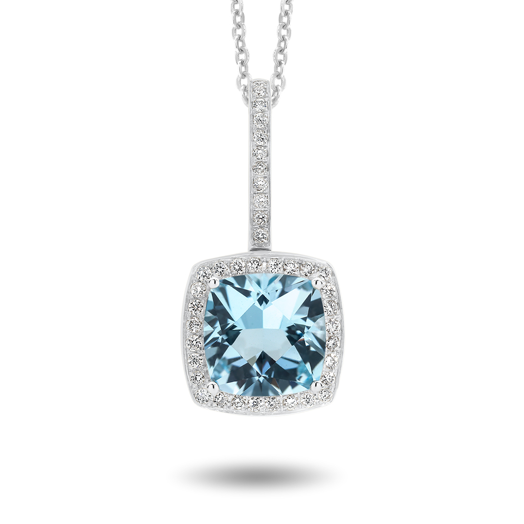 Tycoon Cushion Blue Topaz &#038; Diamond Halo Pendant