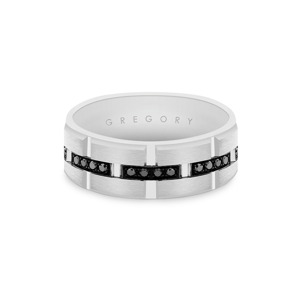 White Gold Mens Geometric Patterned Black Diamond Band