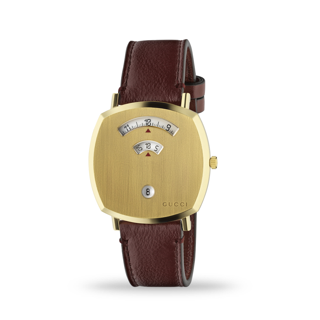 Gucci Grip 38mm Quartz Yellow Gold PVD Case Leather Strap