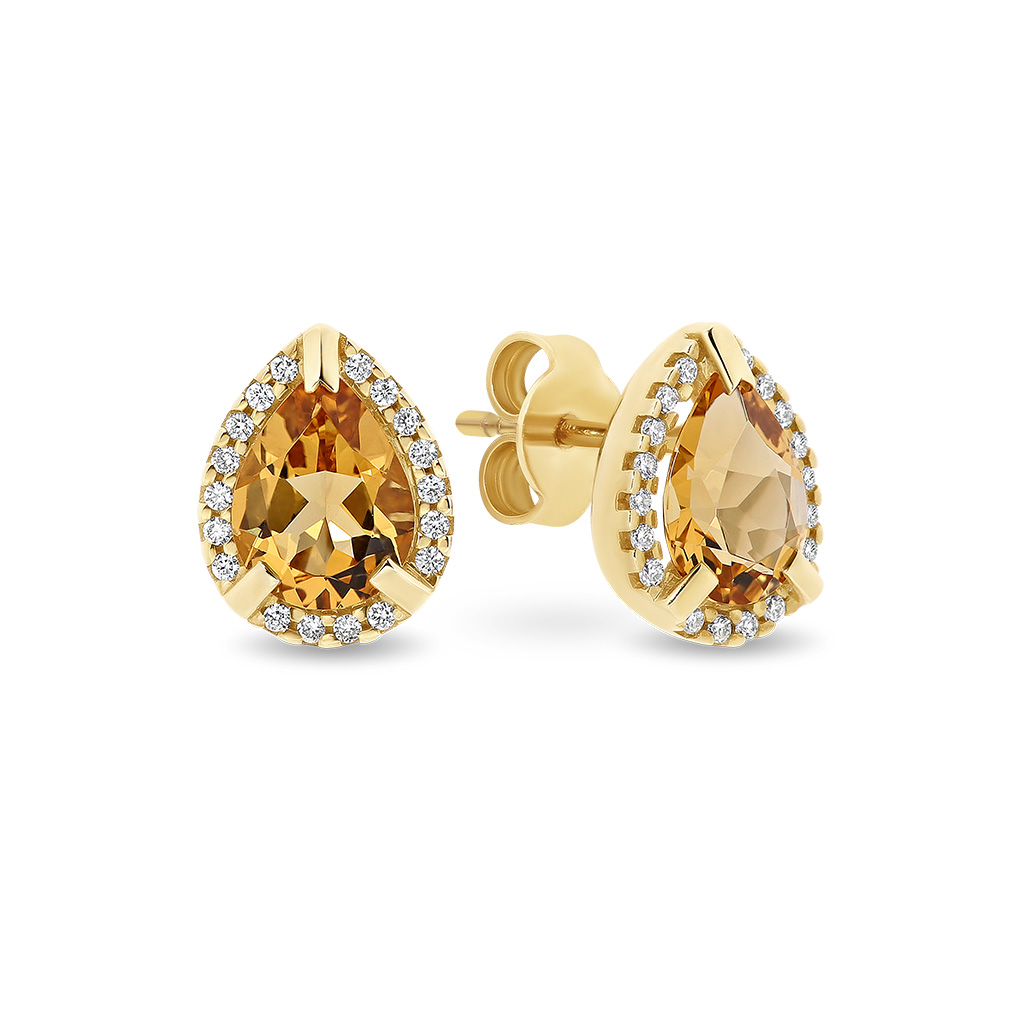 Citrine &#038; Diamond Pear Halo Stud Earrings